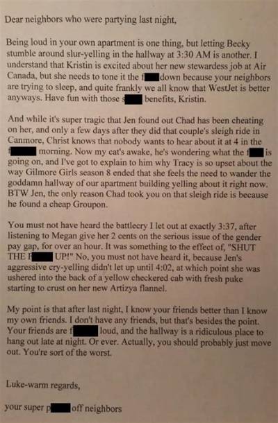 Guy Sends Epic Passive Aggressive Note to Neighbors Who Won't Shut Up