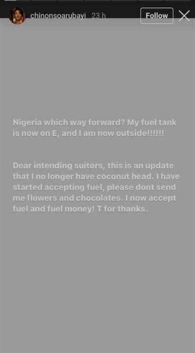 I Now Accept Fuel: Chinonso Arubayi Drops Hint for Prospective Suitors as Scarcity Bites Harder
